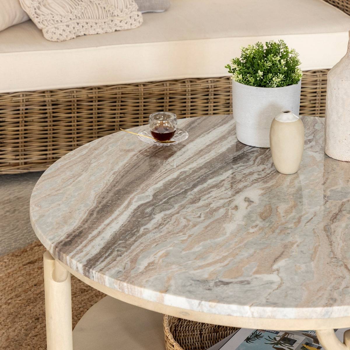 Table basse en marbre ronde ISABELLA bois clair, MADE IN MEUBLES