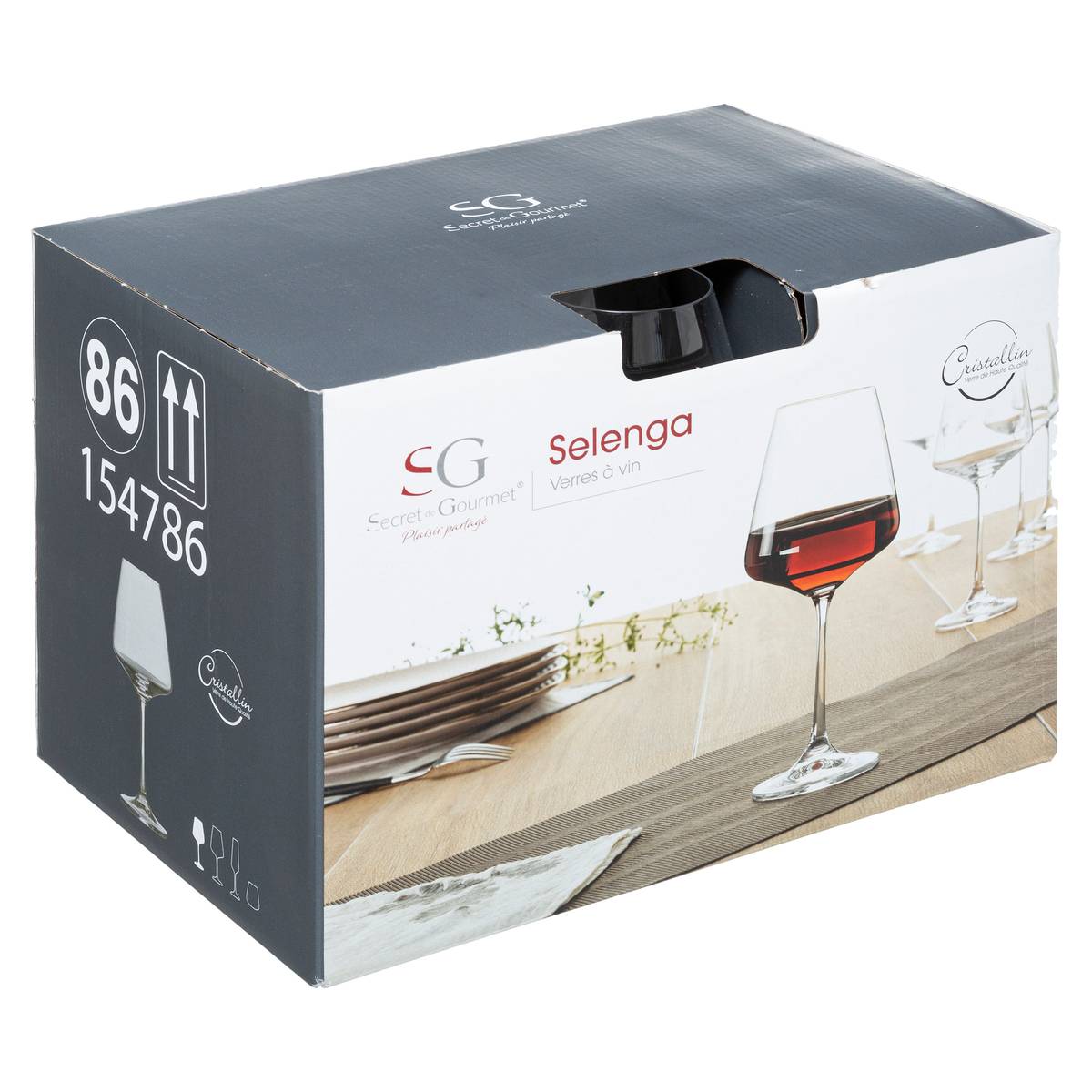 Lot de 6 verres à vin en verre cristallin 36 cl SELENGA transparent, SECRET DE GOURMET