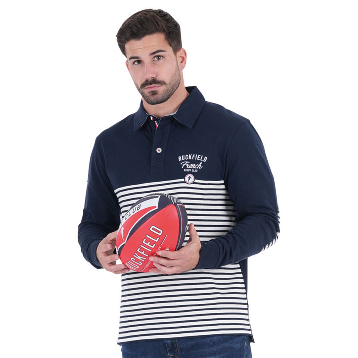 Polo en coton biologique marine rayé avec un col à revers et une coupe droite marine, RUCKFIELD