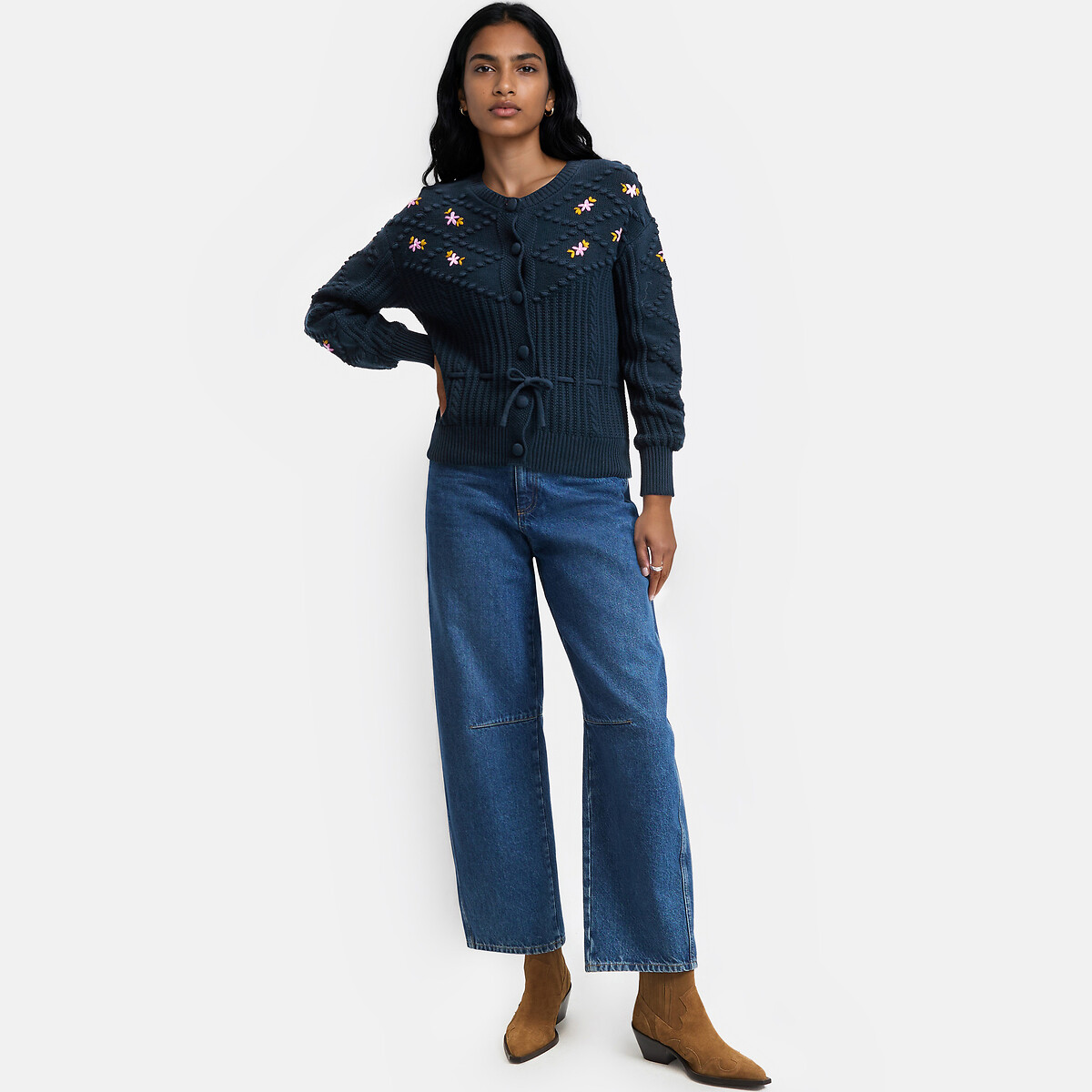 Vest met bloemenborduursel, met een striklintje in de taille marineblauw, LA REDOUTE COLLECTIONS