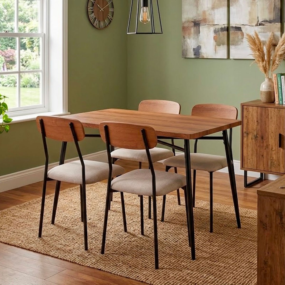 Ensemble table salle à manger bois et métal noir + 4 chaises assises rembourées bois, WADIGA