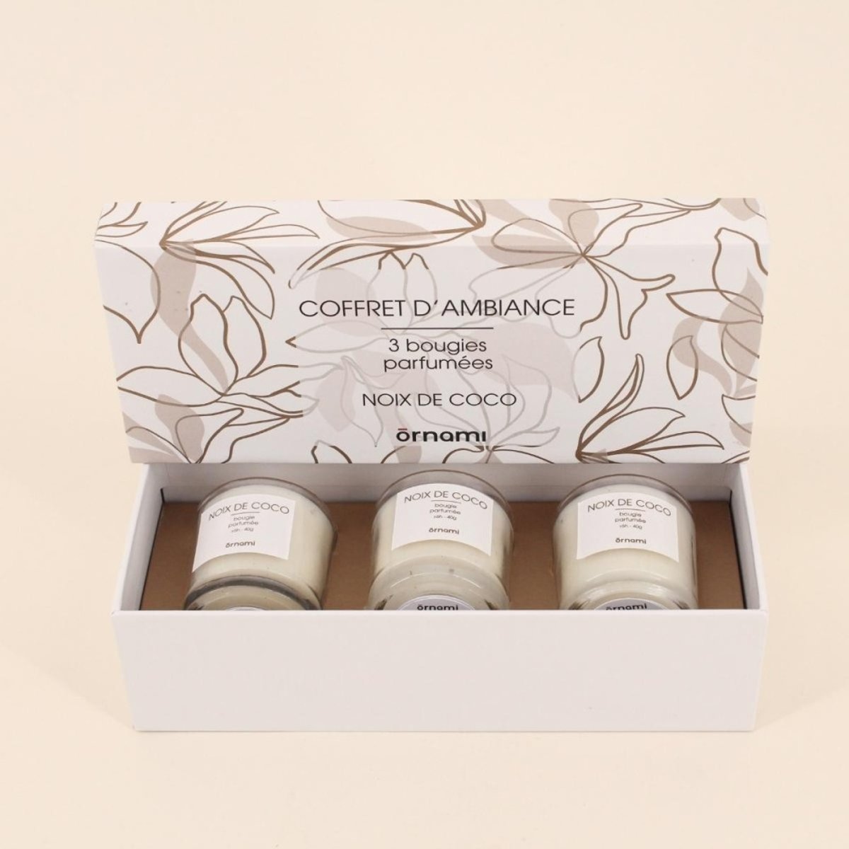 Coffret cadeau 3 bougies votives parfumées marron, ORNAMI