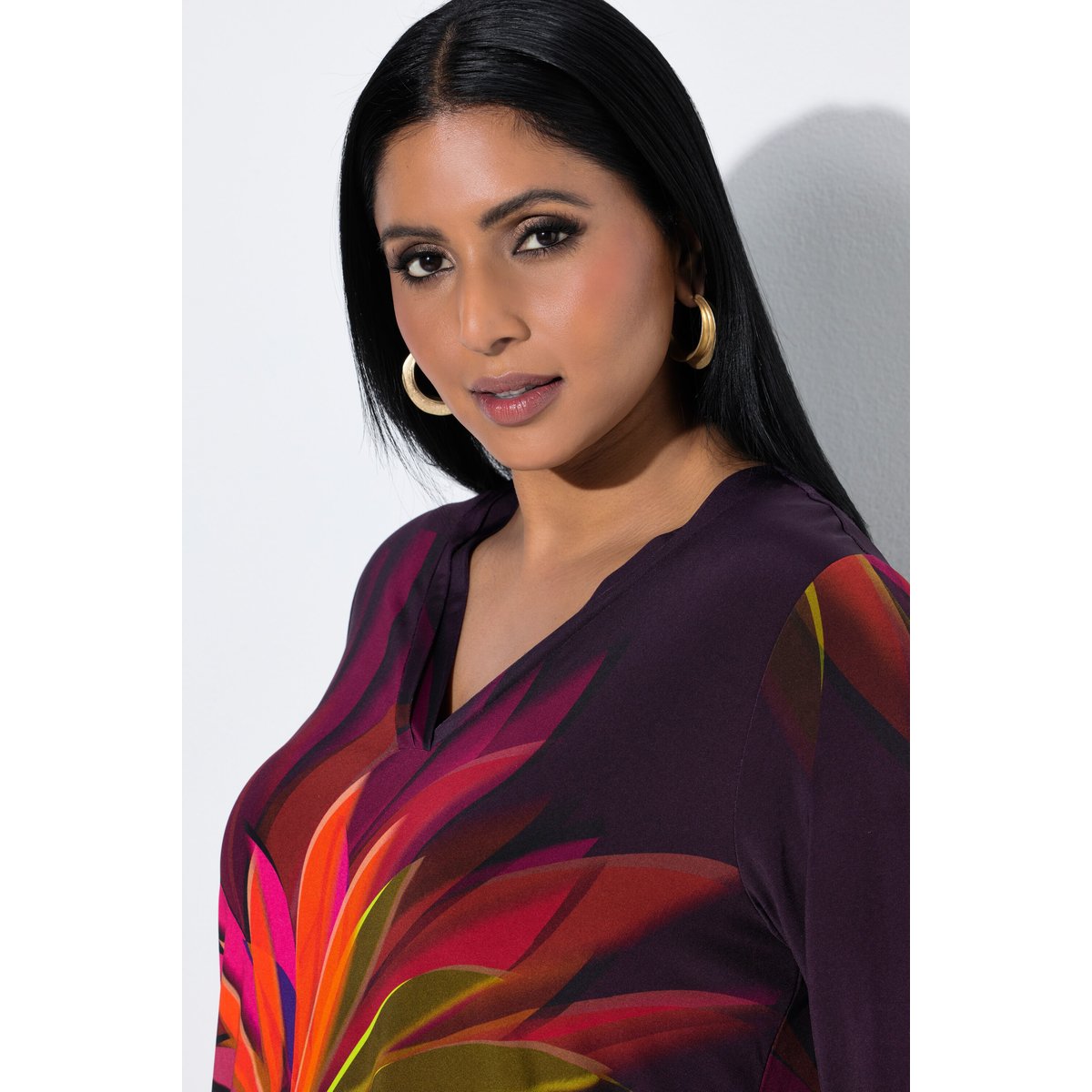 T-shirt long motif feuilles prune foncé, ULLA POPKEN