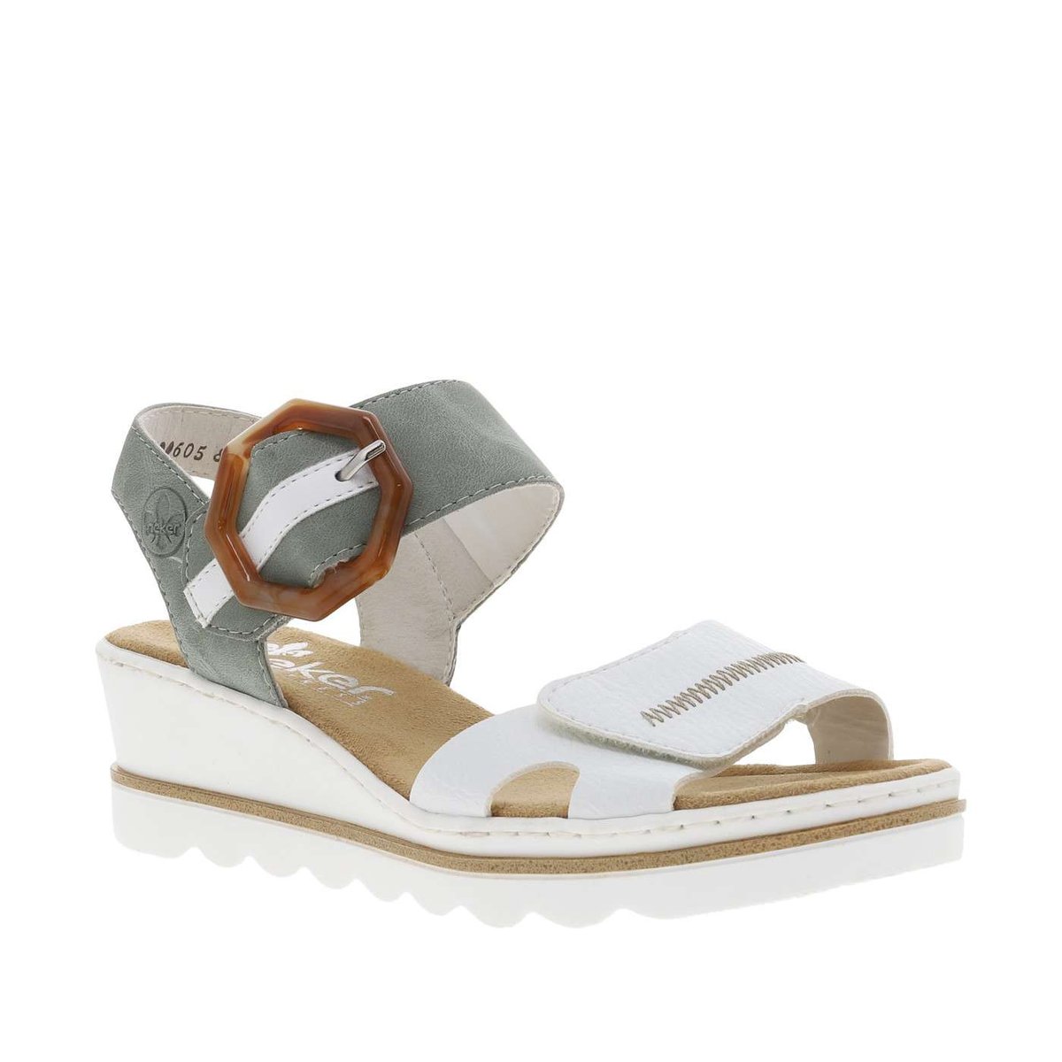 Sandales kaki à semelle blanche compensée et à bandes auto-agrippantes blanches, RIEKER