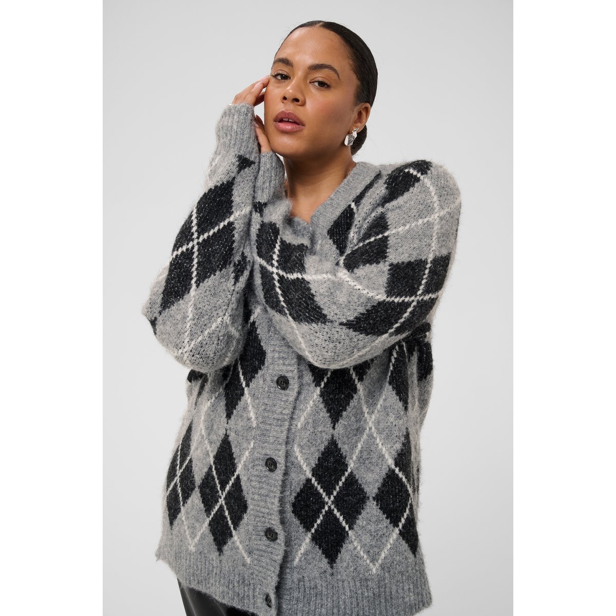 Cardigan à tricot noir black/gm/white argyle, KAFFE CURVE