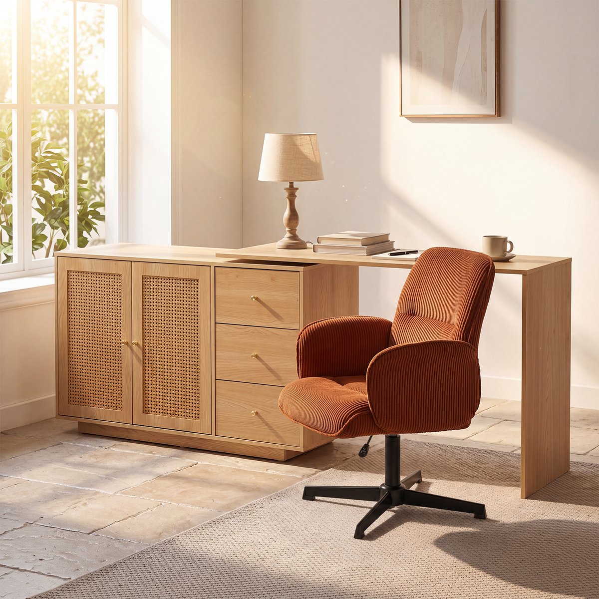 Ensemble de bureau d’angle rotatif avec portes rotin et chaise de bureau, DICCPERNTHOMASINACORD rouge, MEUBLES COSY