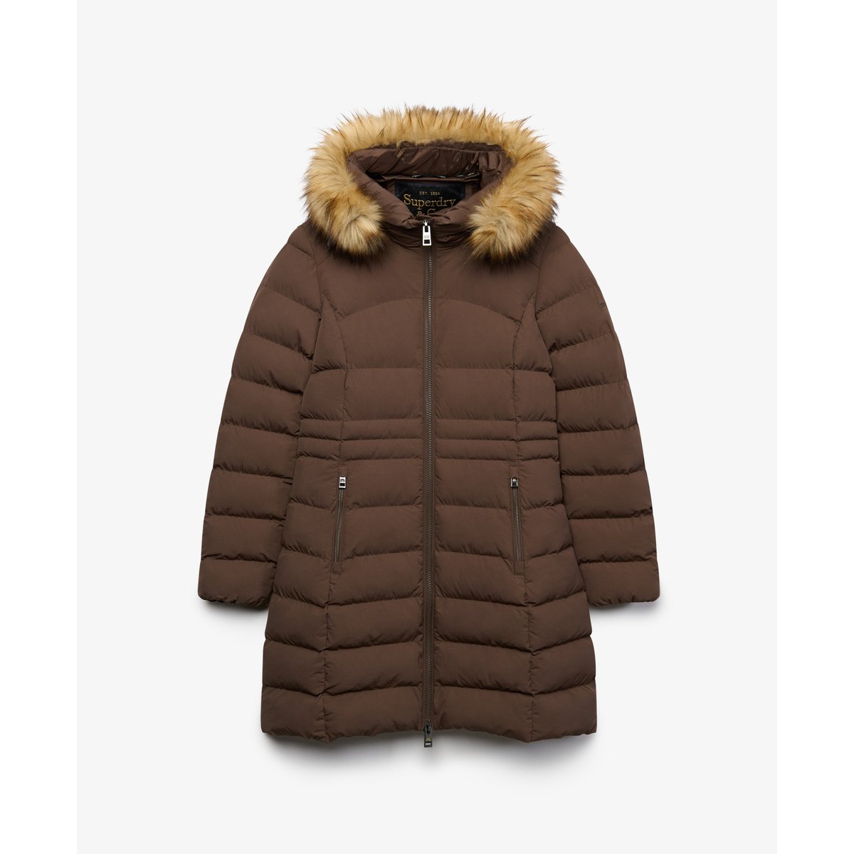 Manteau Fuji Mi-Long à Capuche en imitation Fourrure marron fougère, SUPERDRY