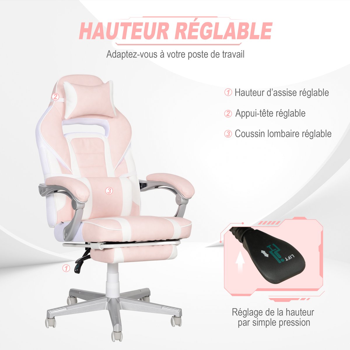 Fauteuil gaming Polyuréthane Rose rose, blanc, HOMCOM