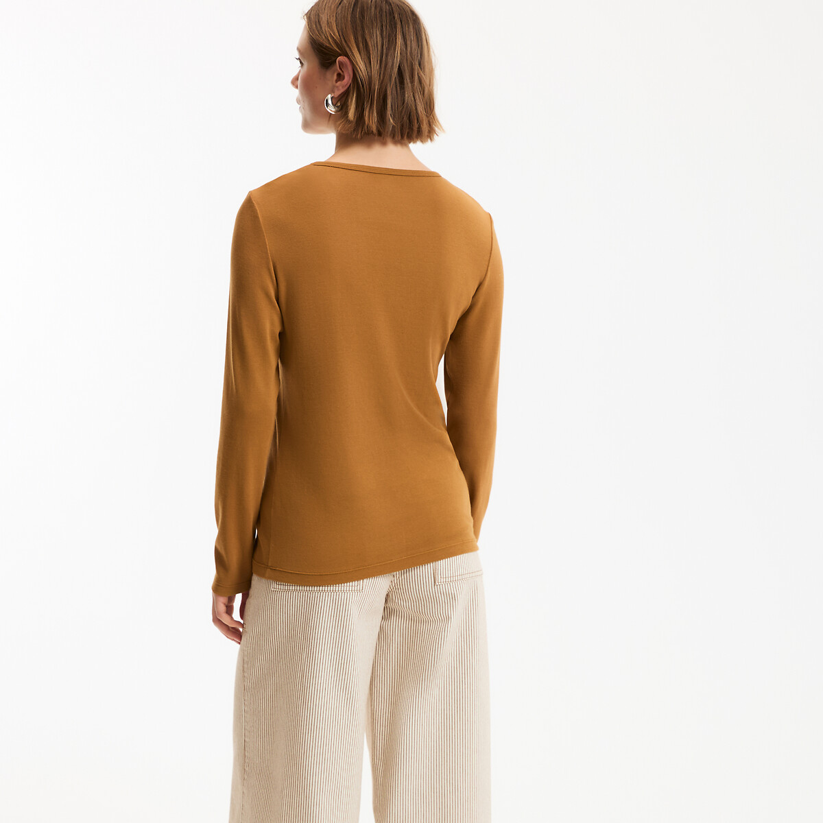Soepel vallend T-shirt, ronde hals, lange mouwen hazelnoot kastanje, LA REDOUTE COLLECTIONS