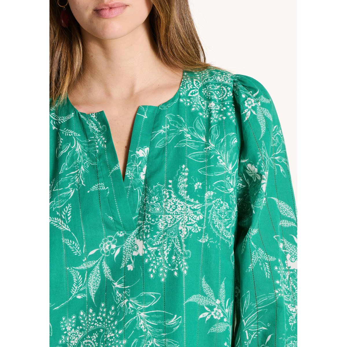 Robe courte fleurie en voile de coton biologique vert ruisseau, LA FEE MARABOUTEE