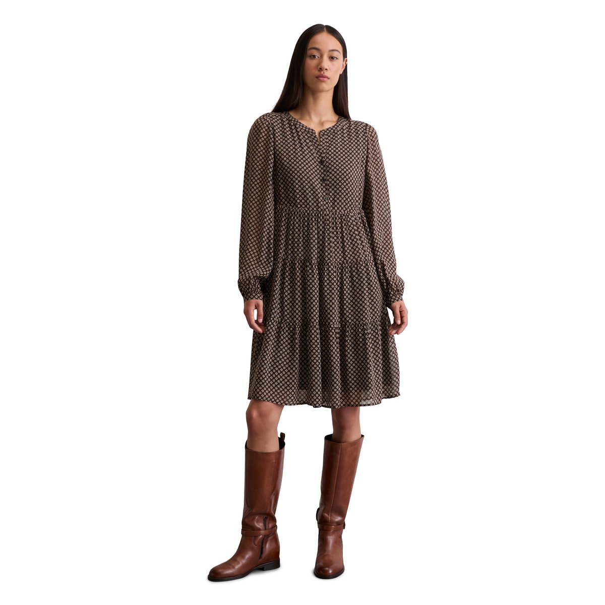 Robe courte à étages regular en crêpe de viscose marron foncé, MARC O'POLO