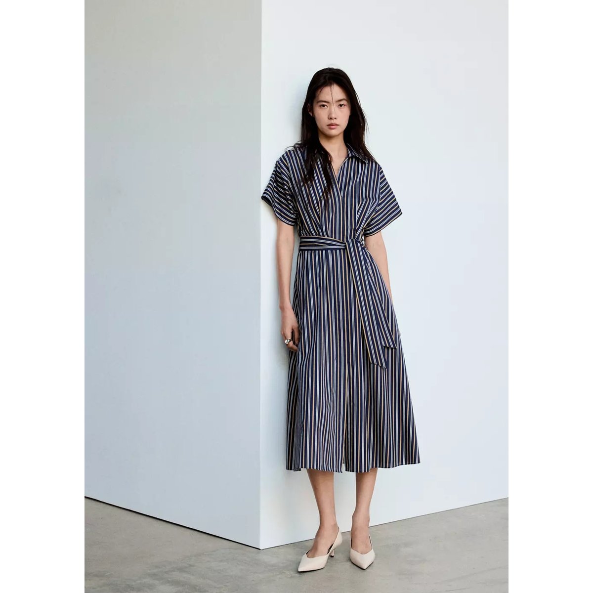 Robe chemisier à rayures bleu marine, MANGO