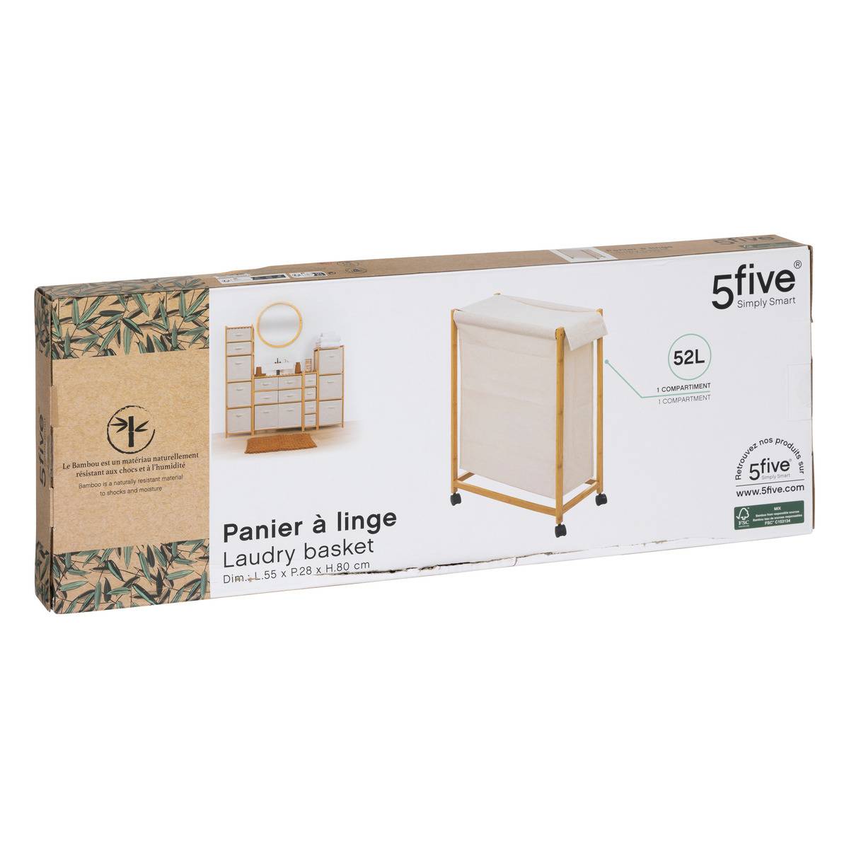 Panier à linge roulette 52L Beige TIDY BOX beige, 5FIVE SIMPLY SMART