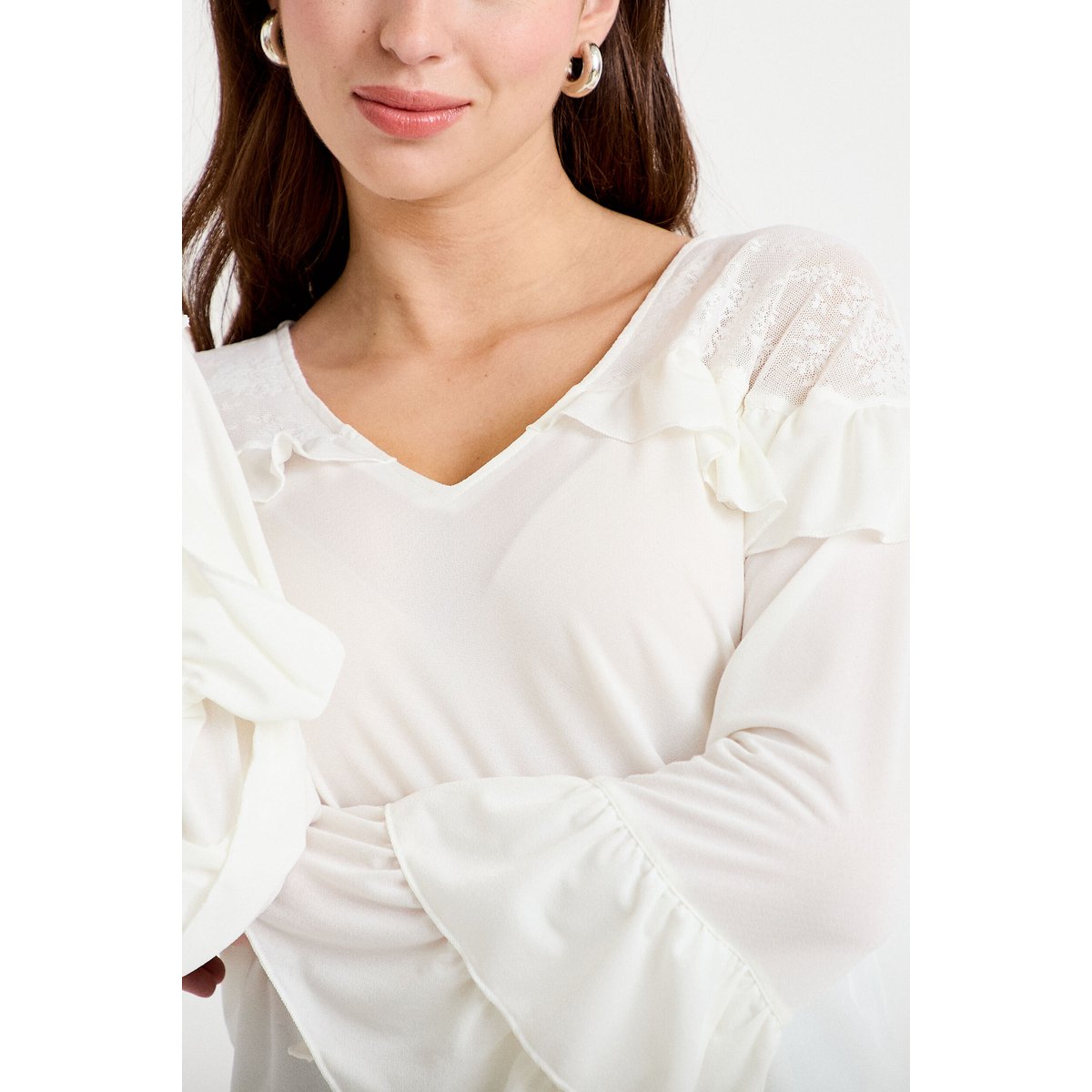 Blouse col v manches longues dentelle ecru, CACHE CACHE