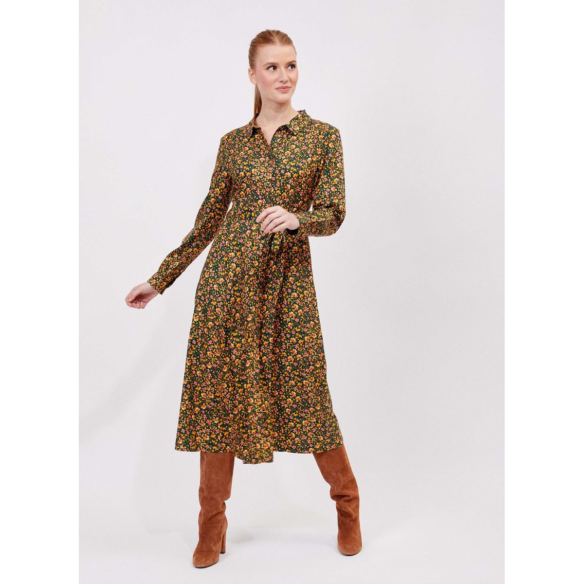 Robe chemise imprimée coupe midi ANNA vert hindi, LA FIANCÉE