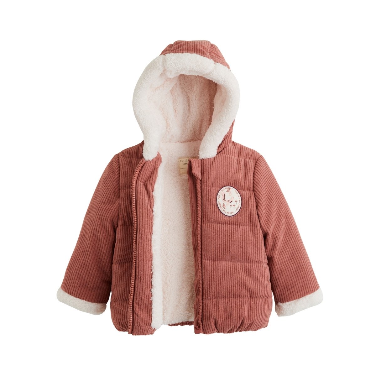 Doudoune bébé en velours côtelé doublée sherpa avec capuche Evie rose, PETIT BEGUIN