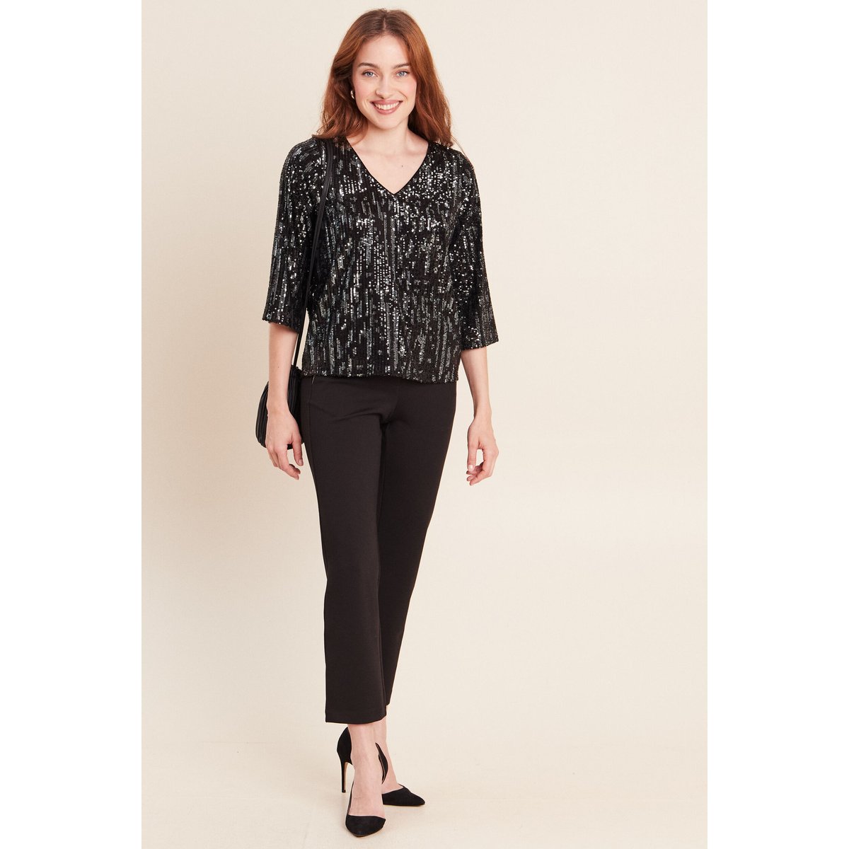 Blouse col v manches 3/4 à sequins gris foncé, BREAL