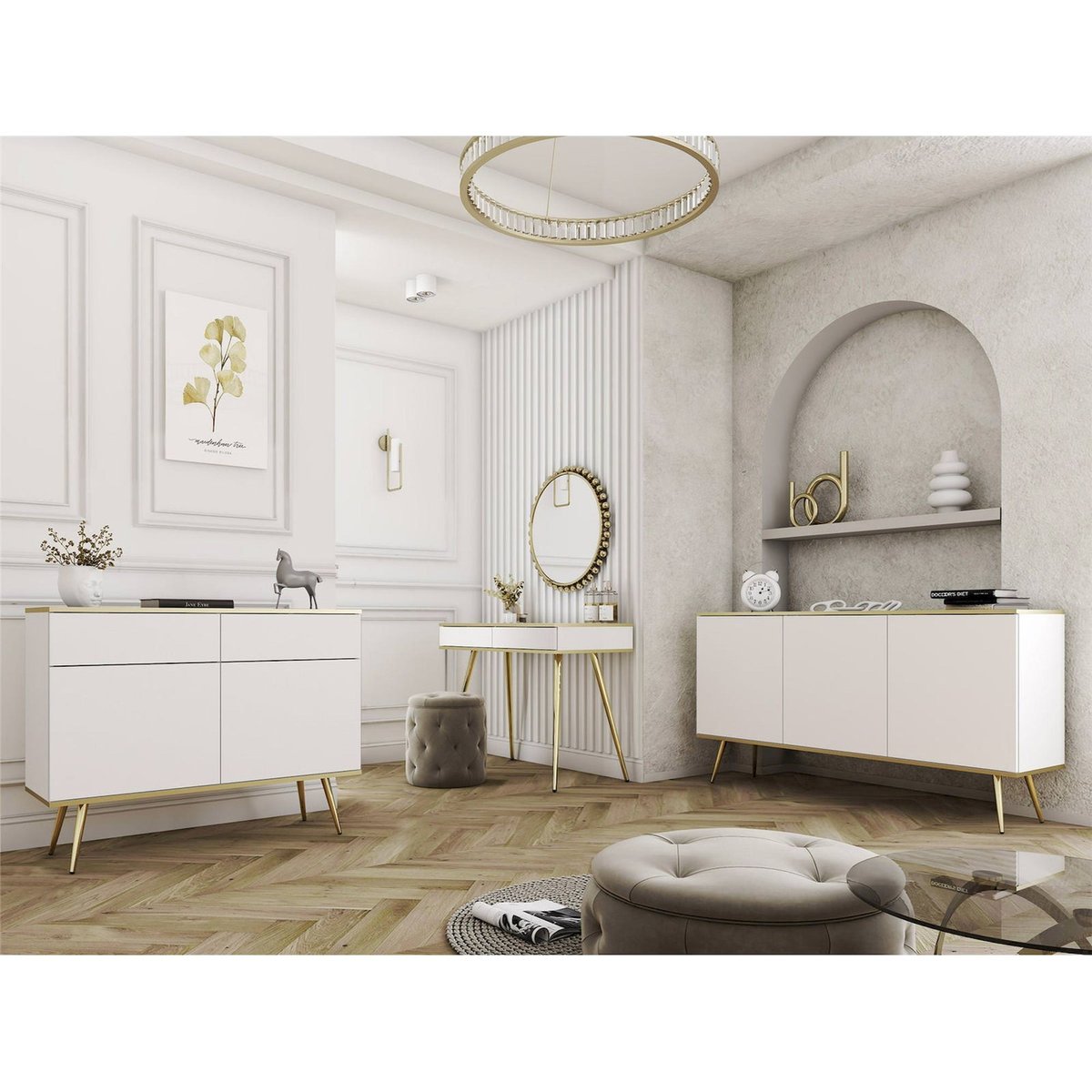 Coiffeuse 2 tiroirs collection GLINTE blanc et doré, RECOLLECTION