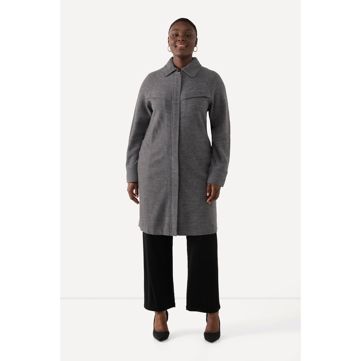 Manteau en laine bouillie avec col chemise gris clair chiné, ULLA POPKEN