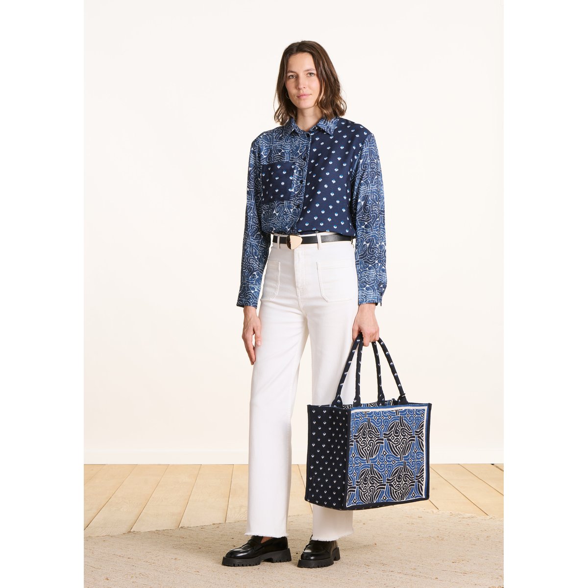 Chemise manches longues avec patchwork d'imprimés bleu, LA FEE MARABOUTEE
