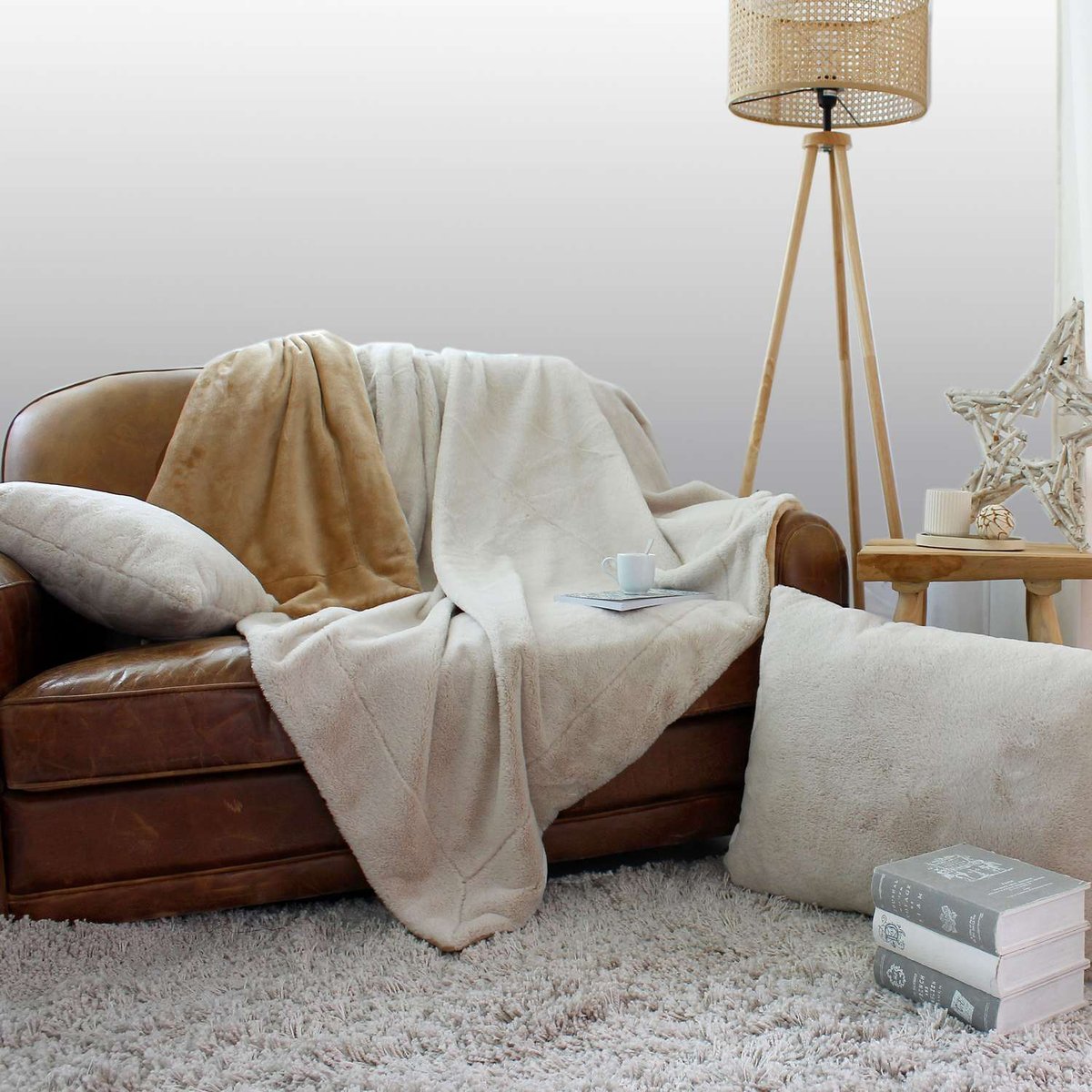 Plaid doux imitation fourrure et flanelle AZURA beige, TOILINUX