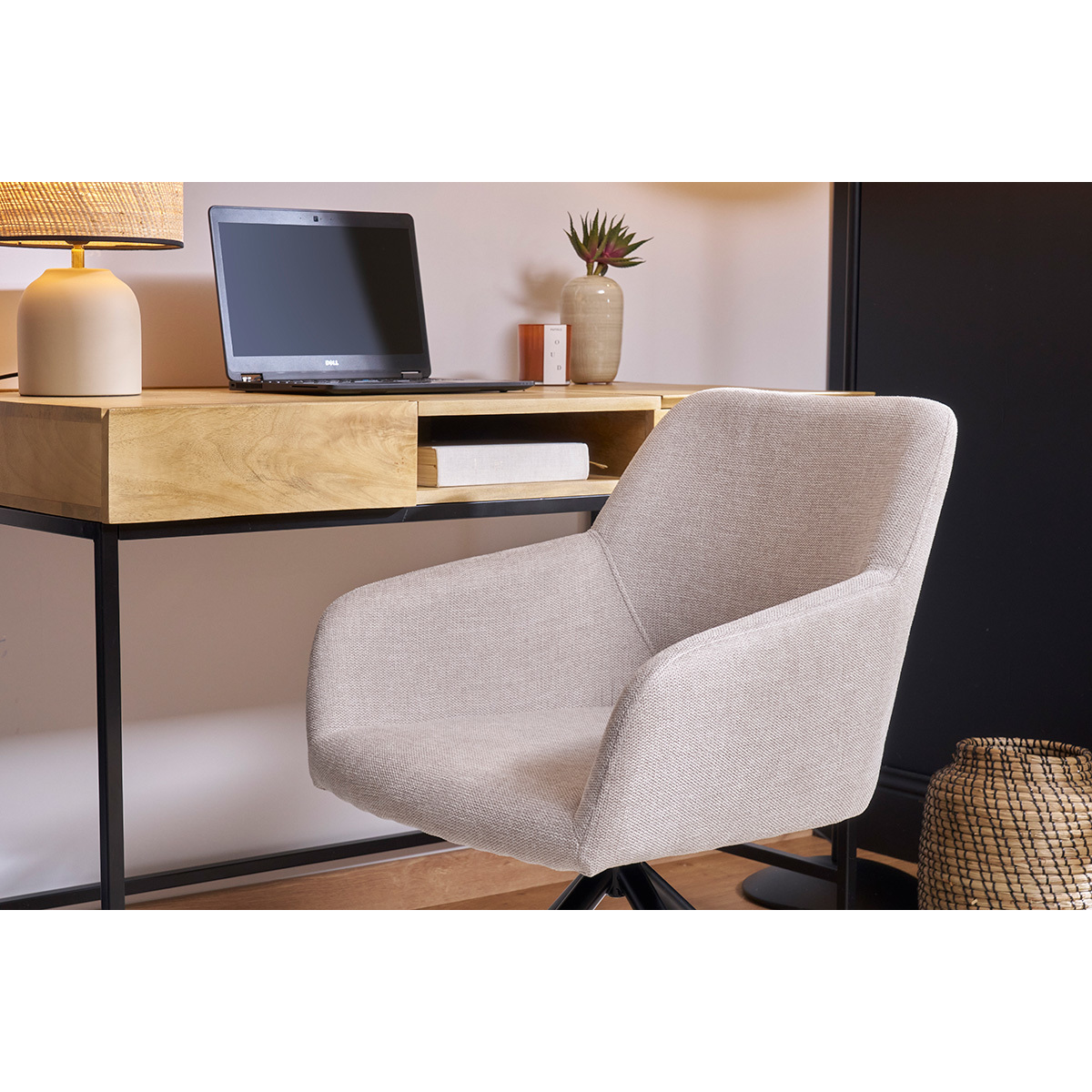 Chaise pivotante 360° en tissu velours côtelé vert kaki et métal noir LAURETTE beige, MILIBOO