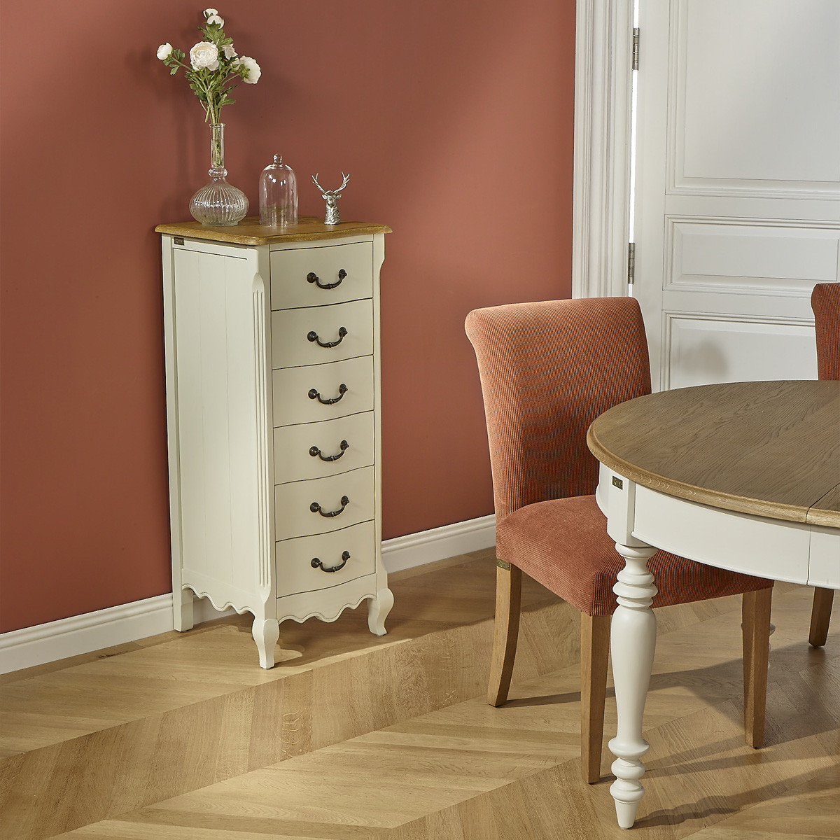 Colonne de rangement style classique, plateau en chêne, 6 tiroirs ORIANE blanc, ROBIN DES BOIS