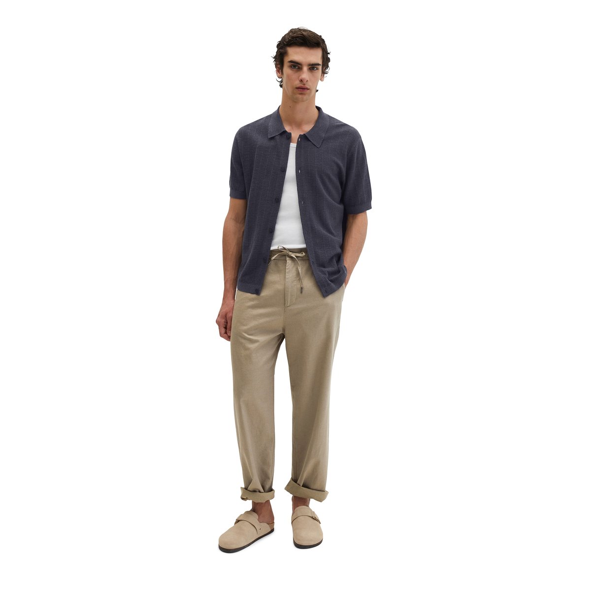 Cardigan manches courtes regular en coton bio et en lin bleu foncé, MARC O'POLO