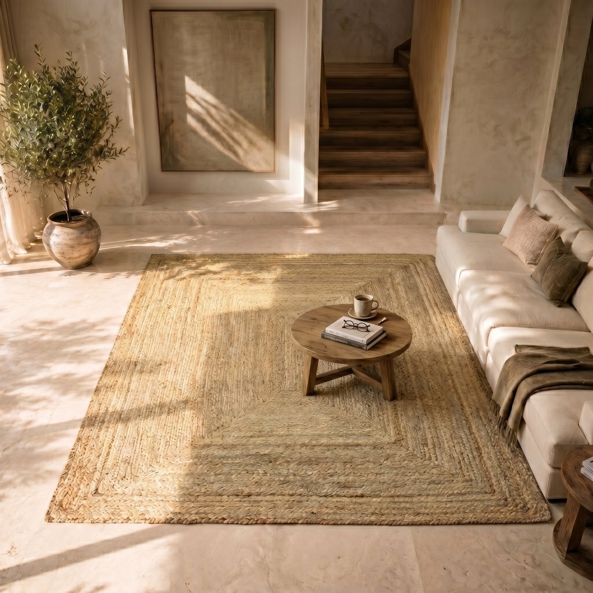 Tapis en jute tressé  artisanal VEGETAL JUTE - style bohème beige, THE DECO FACTORY