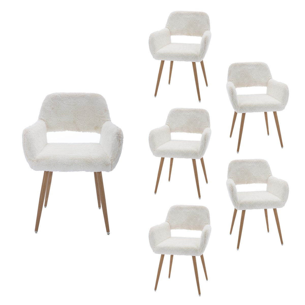 Lot de 6 chaises de salle à manger fauteuil scandinaves en tissu effet poil de lapin, CROMWELL PELUCHE blanc, MEUBLES COSY