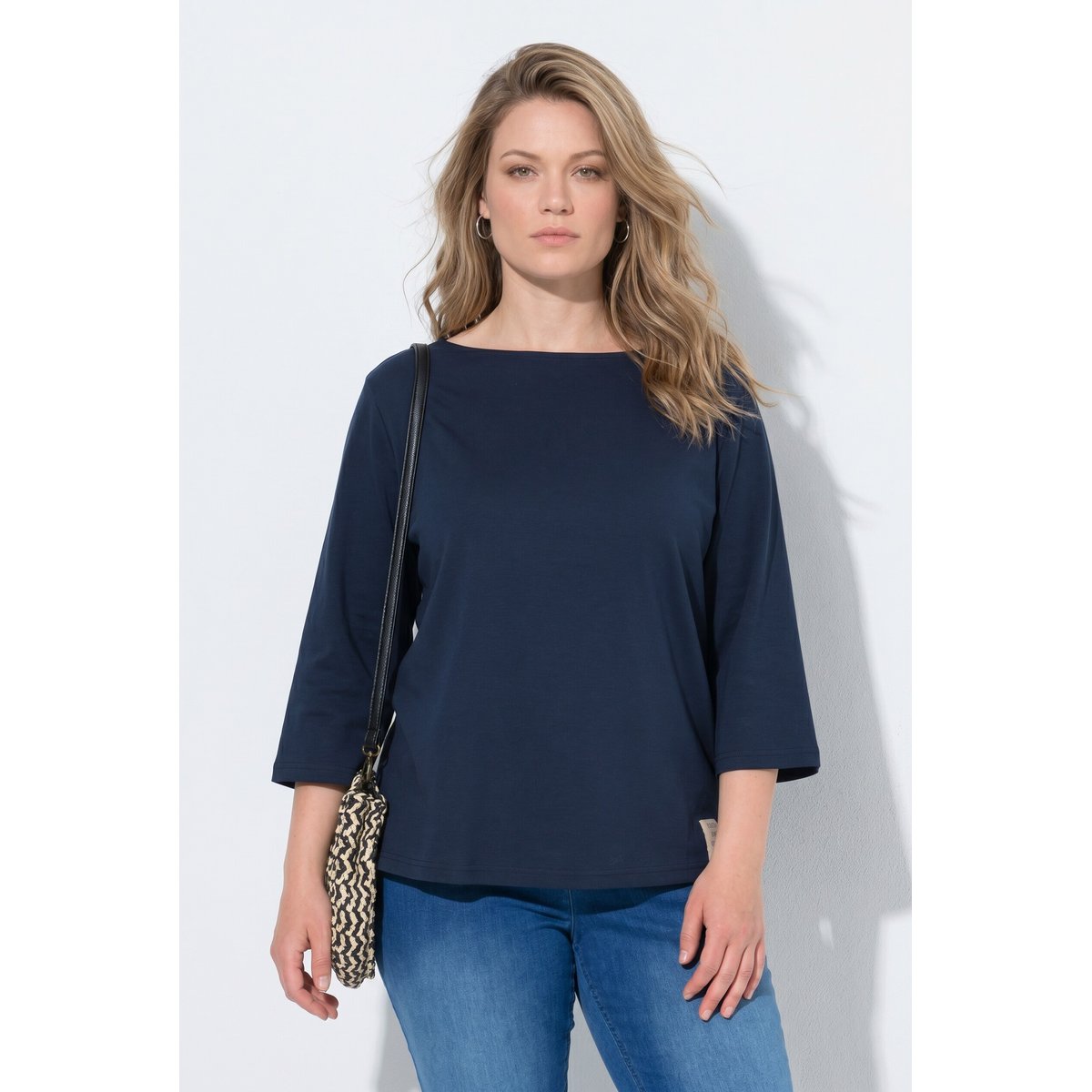 T-shirt en coton bio à col bateau et manches marine, ULLA POPKEN