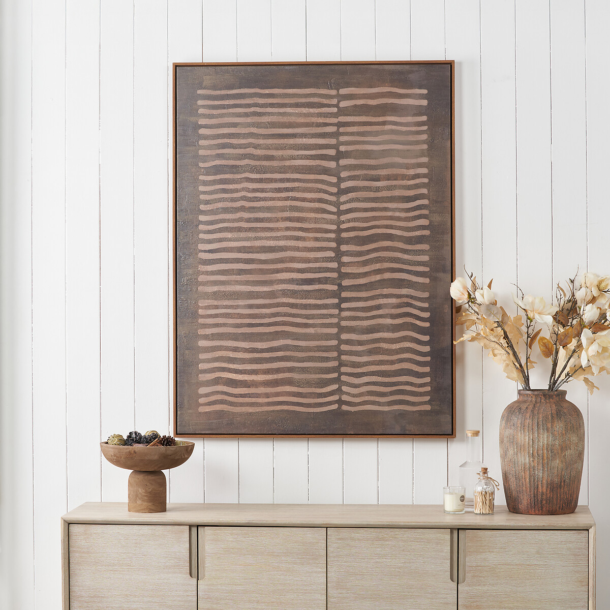 90x120cm Brown and Natural Linear Design Canvas with Oak Effect Frame brown , ÉDITÉ