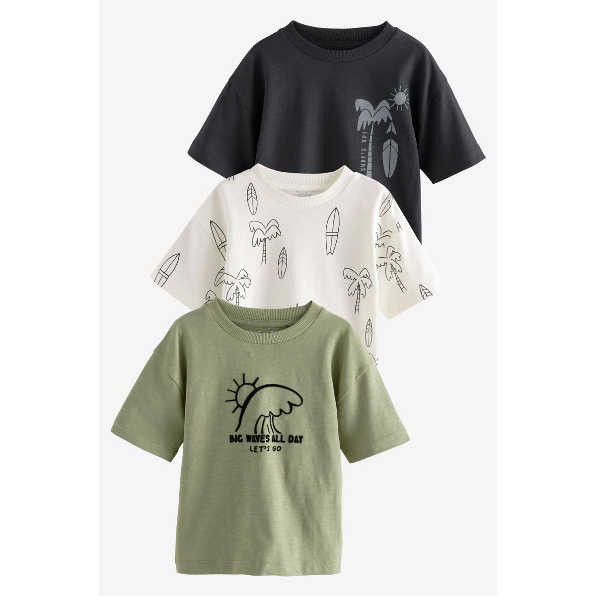 T-shirt à manches courtes, lot de 3 mono/vert kaki, NEXT