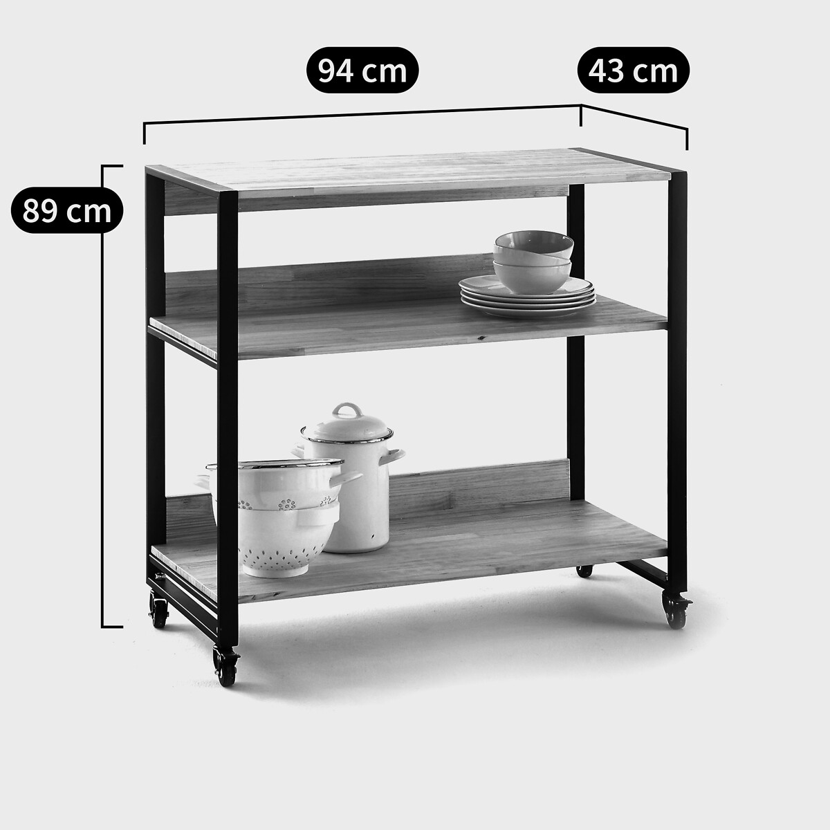 Meuble desserte à roulettes, 3 étagères, longueur 94 cm, HIBA naturel, LA REDOUTE INTERIEURS