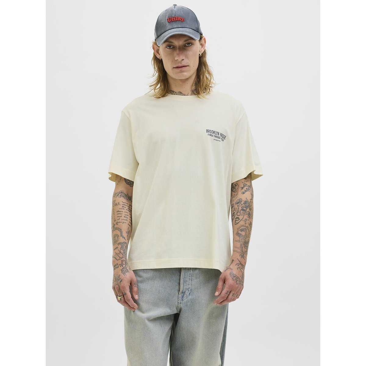 T-shirt col rond imprimé dos crème, JACK & JONES
