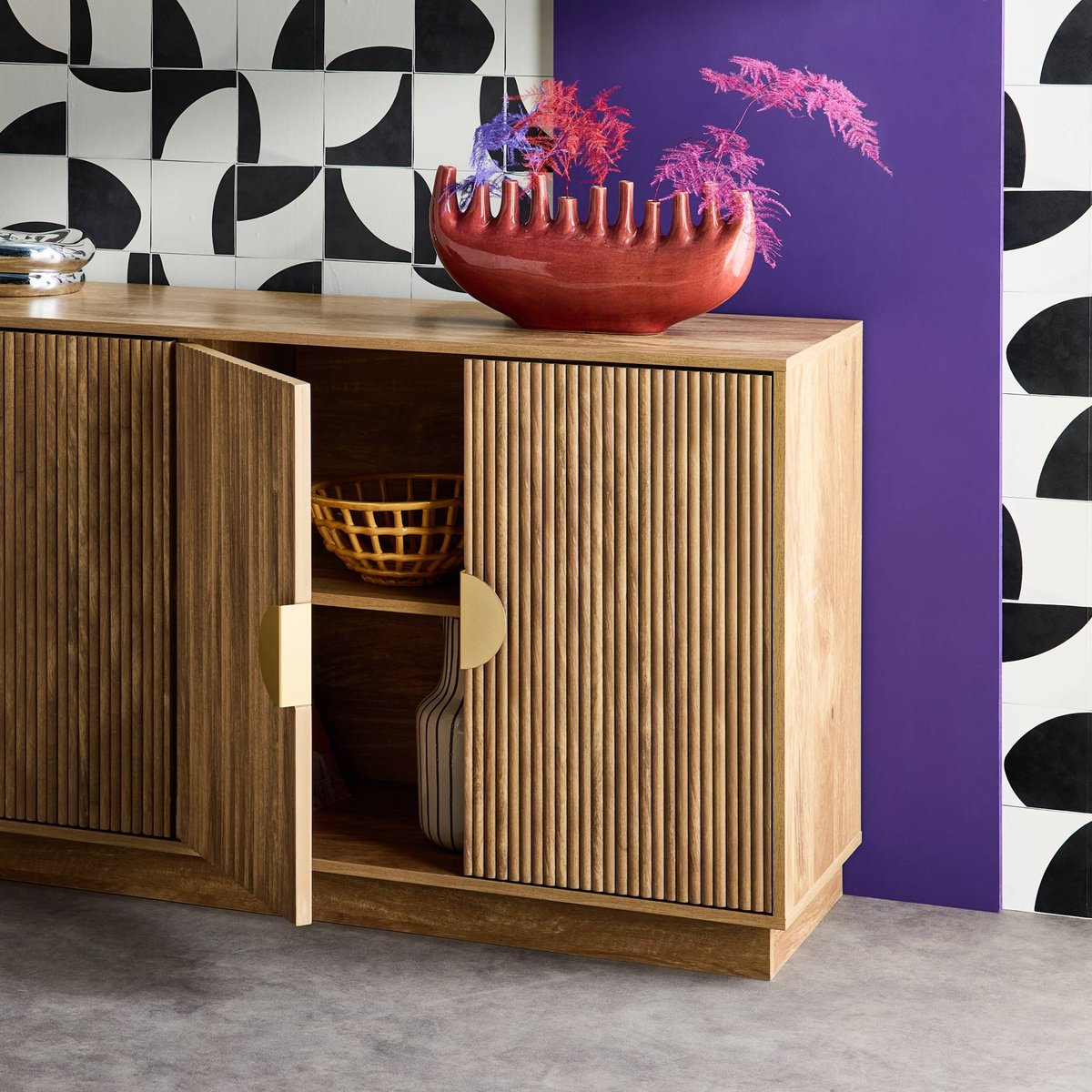 Buffet exotique décor bois de manguier rainuré 4 portes 160cm CELIAN effet manguier, SWEEEK