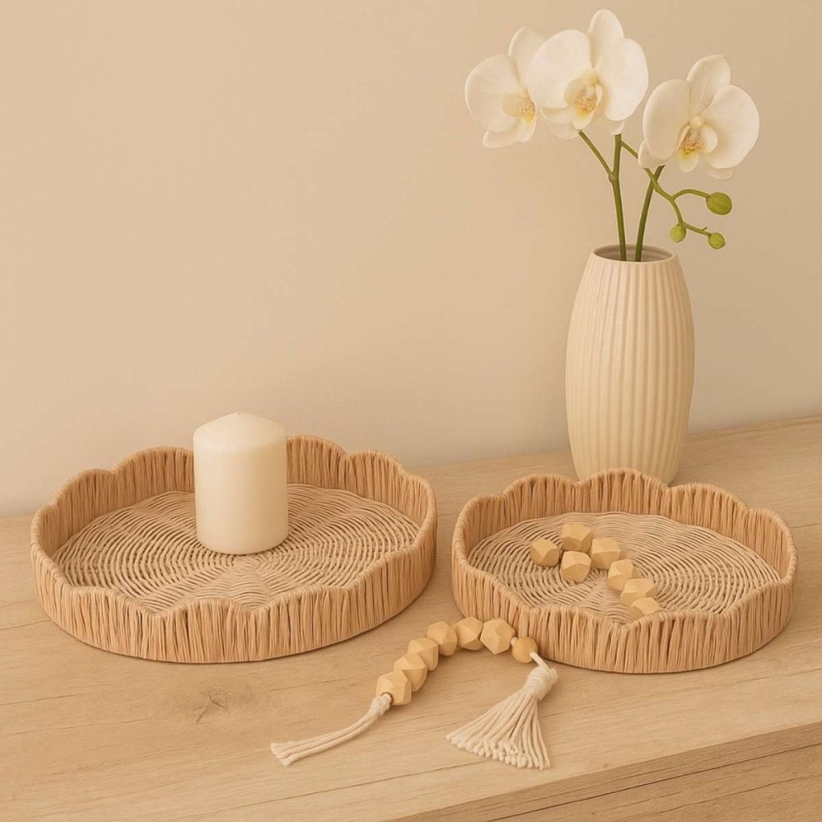Set de 2 plateaux ronds en rotin naturel, ORNAMI