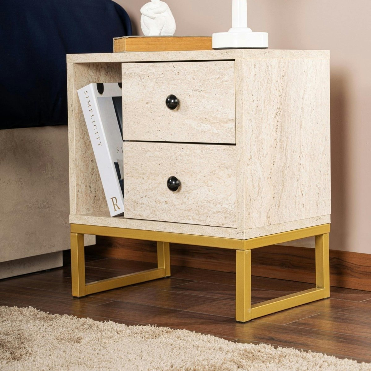 Table de chevet 2 tiroirs 1 niche MARFA travertin / doré, PIER IMPORT