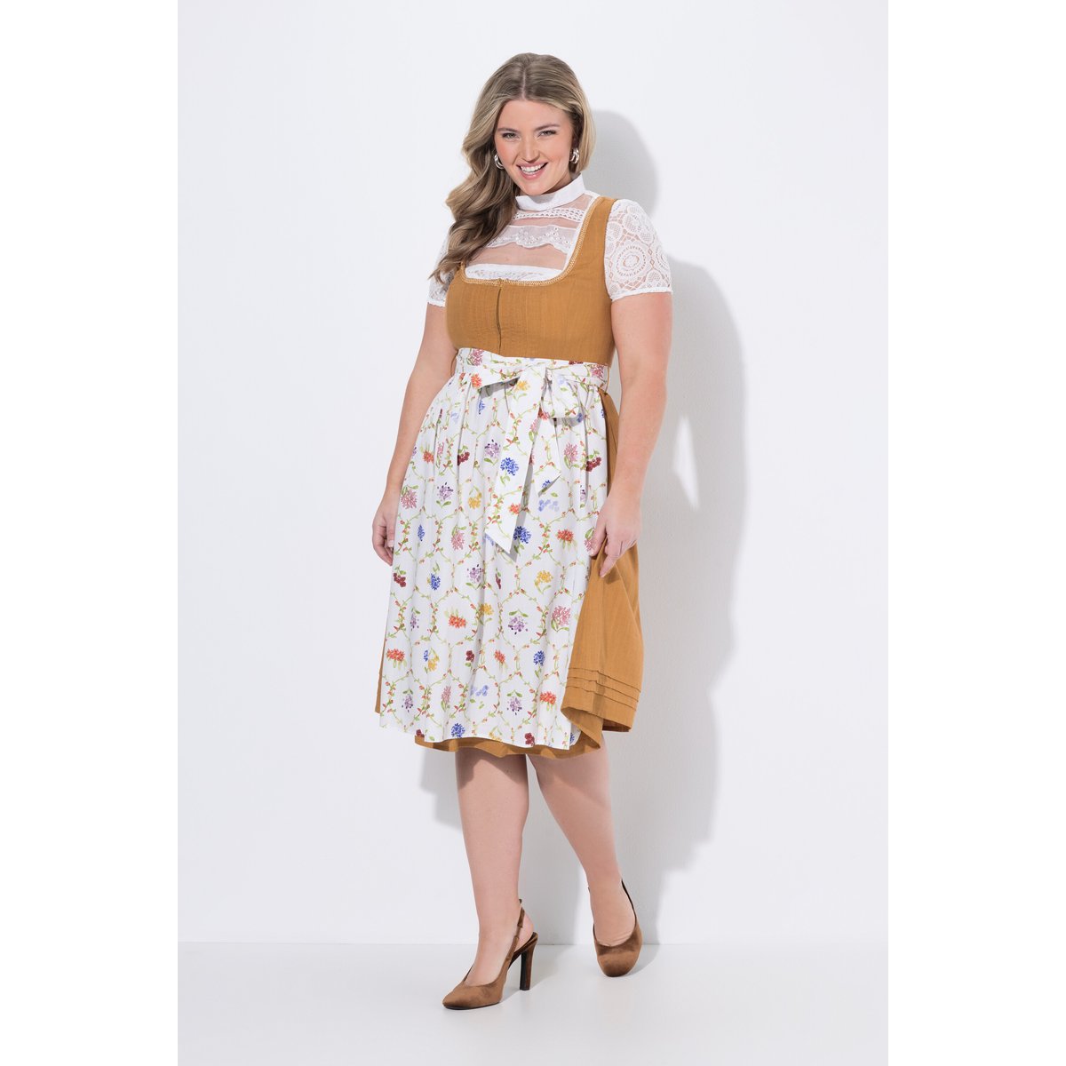 Dirndl en lin mélangé, pinces, fleurs brun doré, ULLA POPKEN