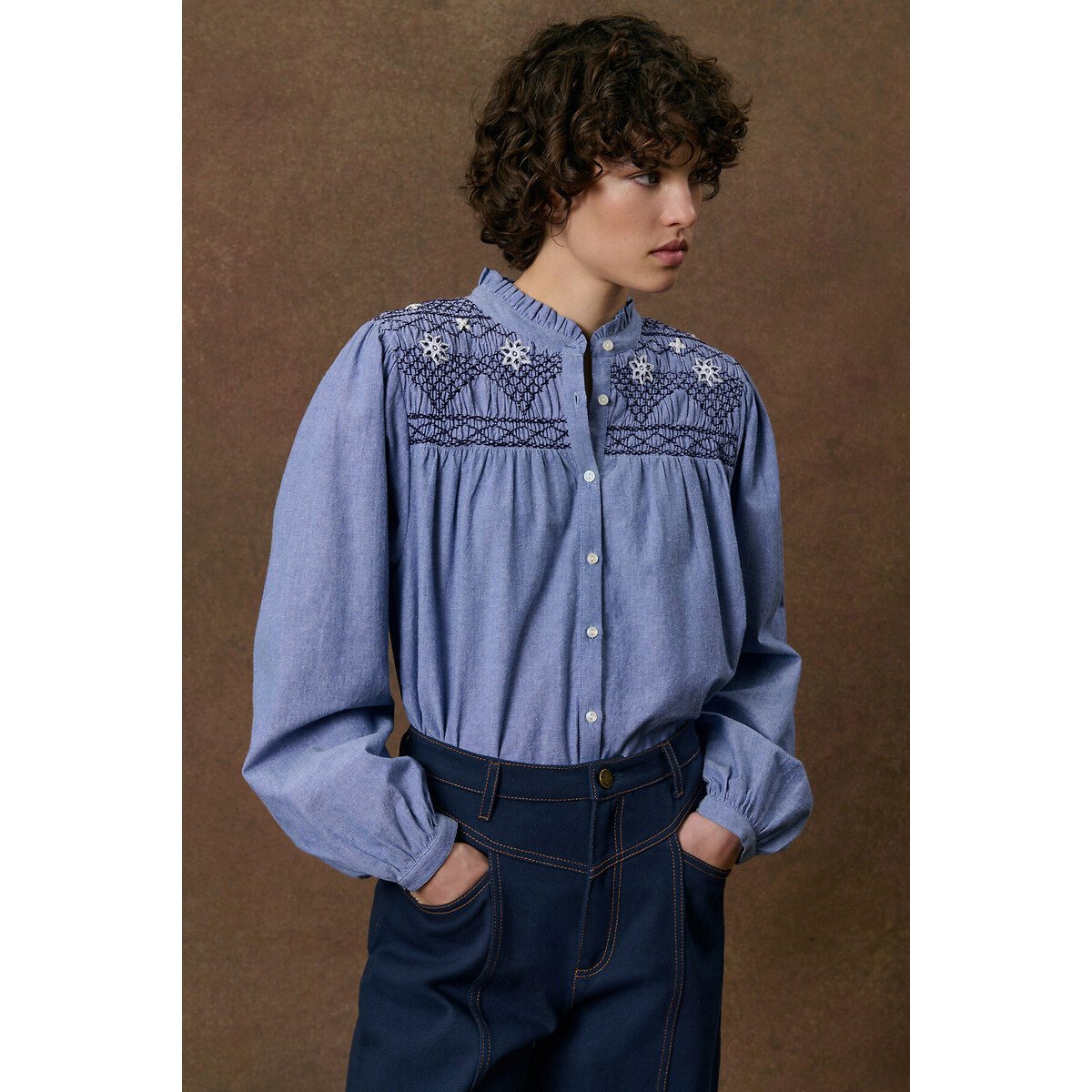 Blouse col rond brodée et smockée, LOUISE bleu, LOUISE MISHA