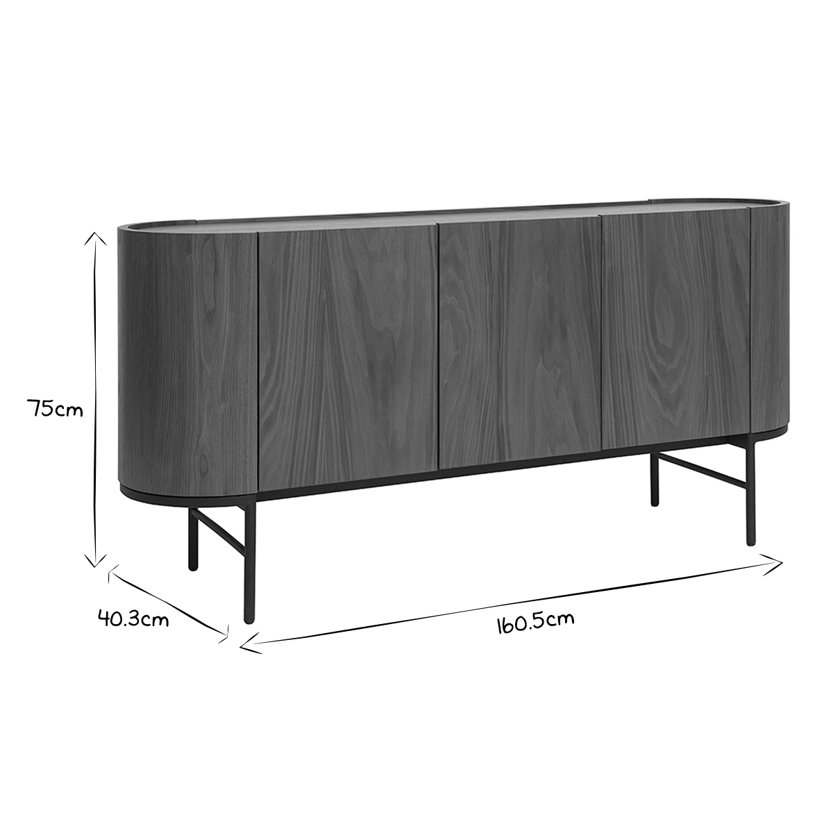 Buffet design bois foncé noyer et métal noir 3 portes L160 cm SKYE noyer, MILIBOO