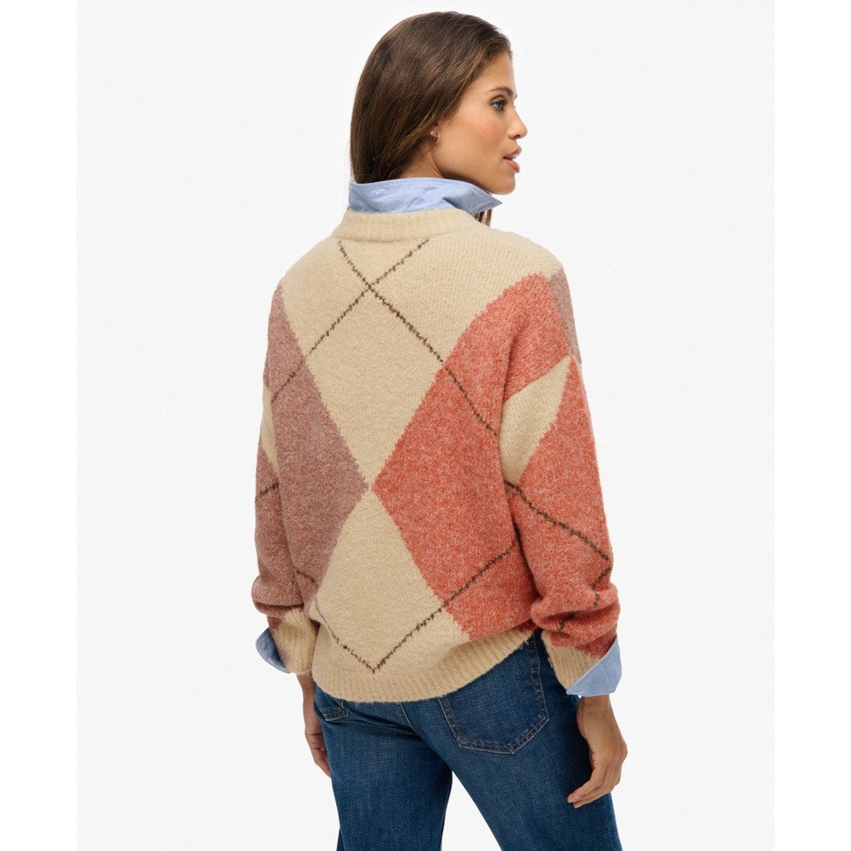 Pull oversize à col V et motif losanges blanc cassé multi, SUPERDRY