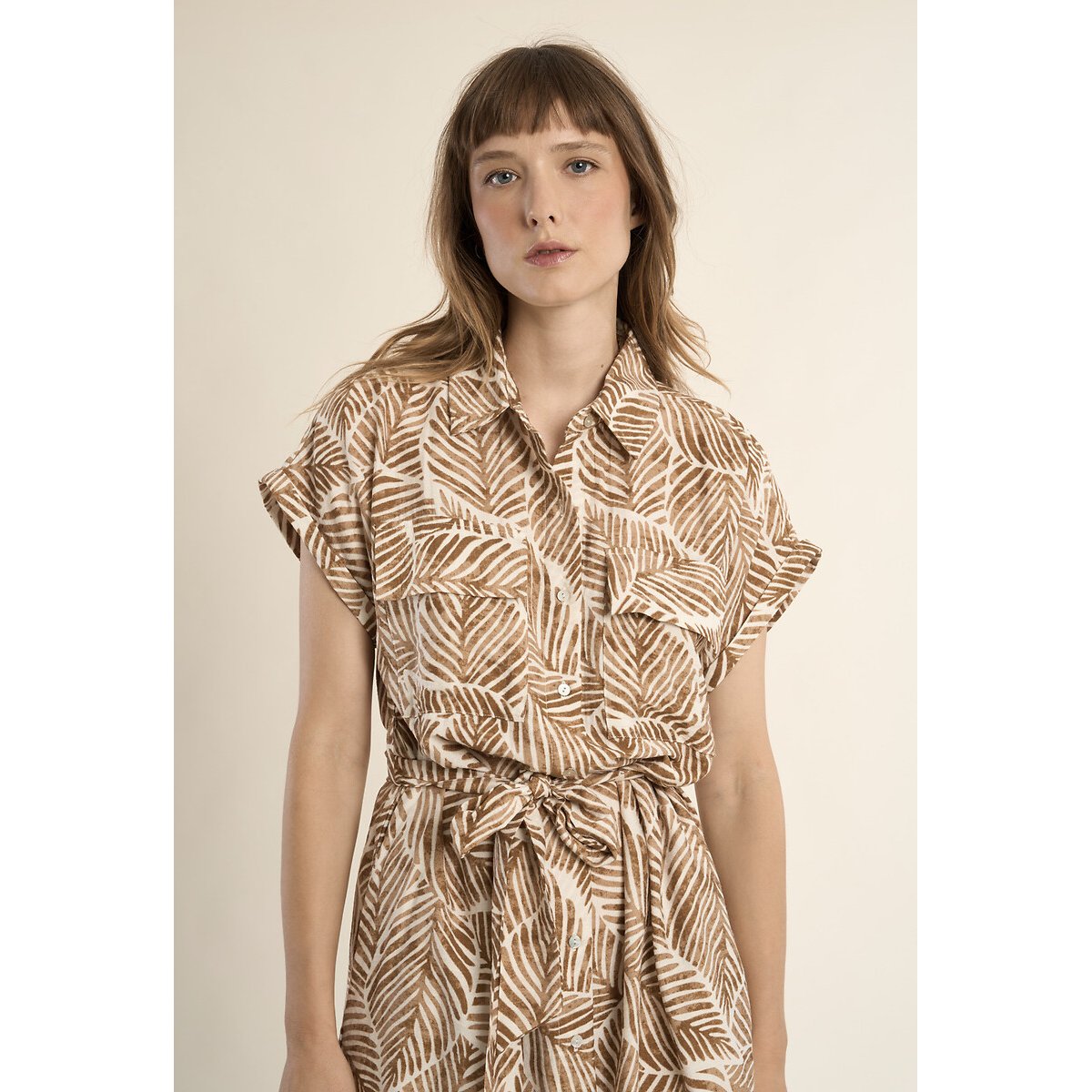 Robe imprimée col chemise avec ceinture imprimé camel, MOLLY BRACKEN