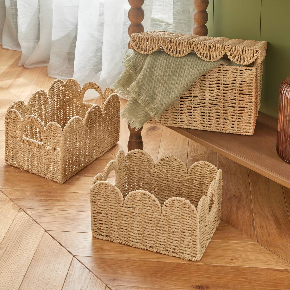 Lot de 3 cagettes rectangulaires en acier CYRIELLE beige, ATMOSPHERA