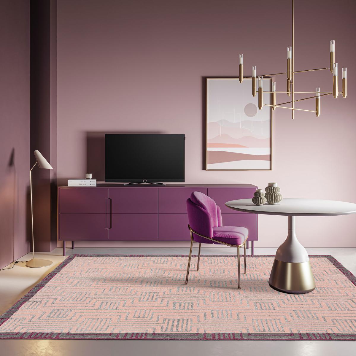 Tapis salon et chambre KINMO, fait à la main motif géométrique rose, UN AMOUR DE TAPIS