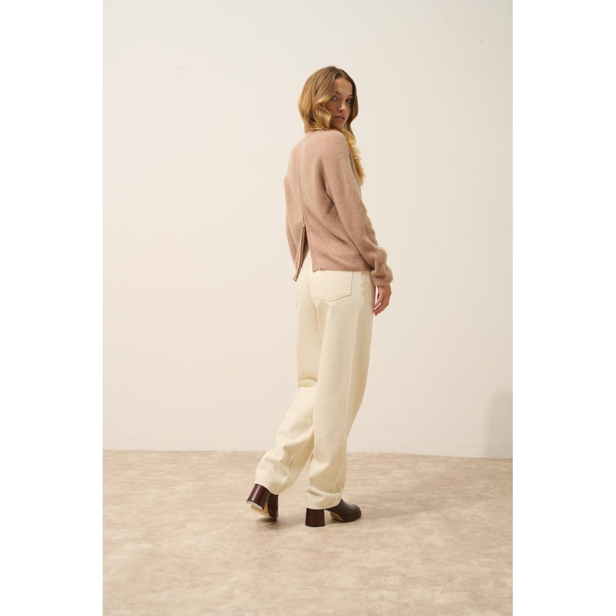 Pull Col Rond Zippé Dos Camel Chiné Jona camel chiné, JUST CASHMERE