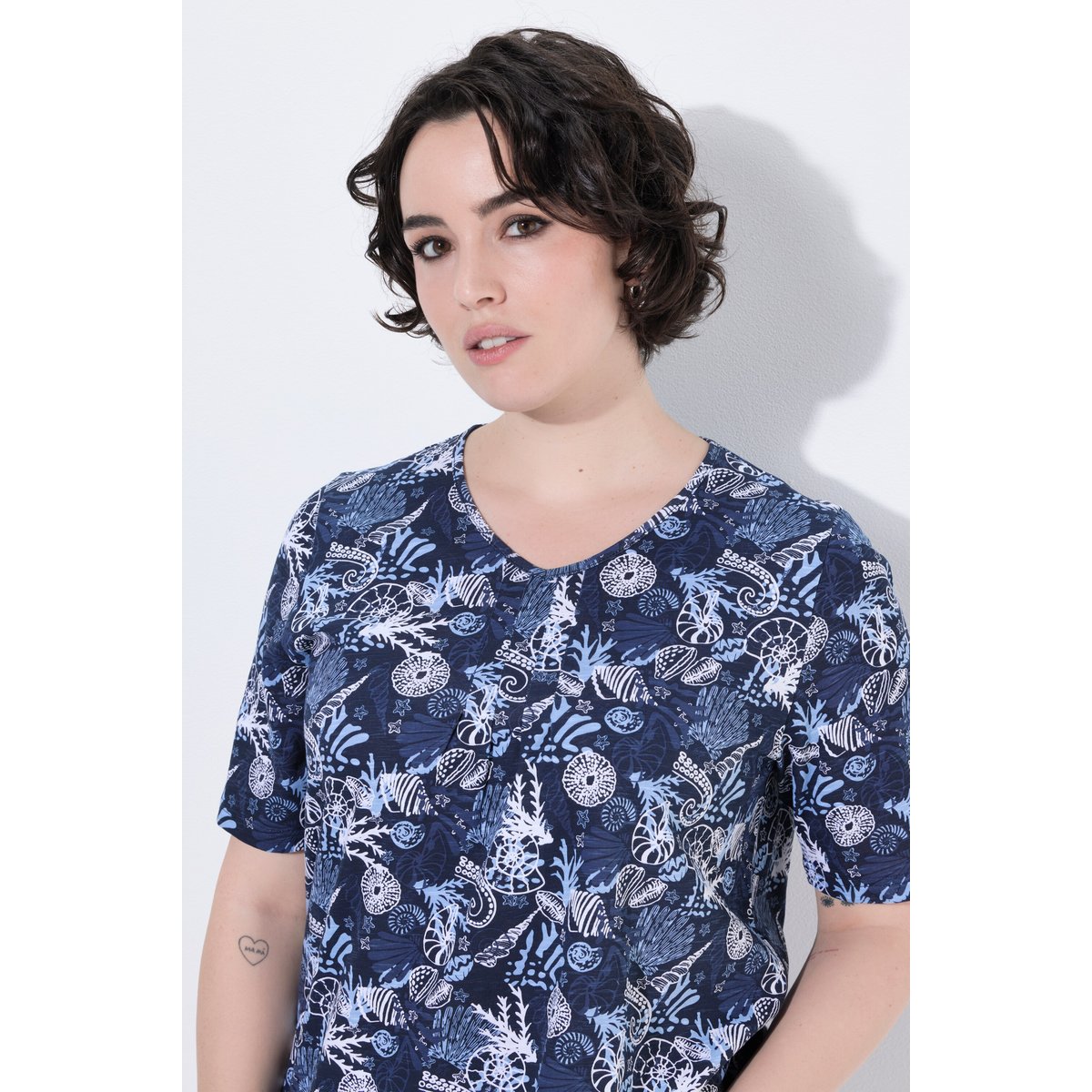 T-shirt avec plis fantaisie, coupe évasée marine, ULLA POPKEN