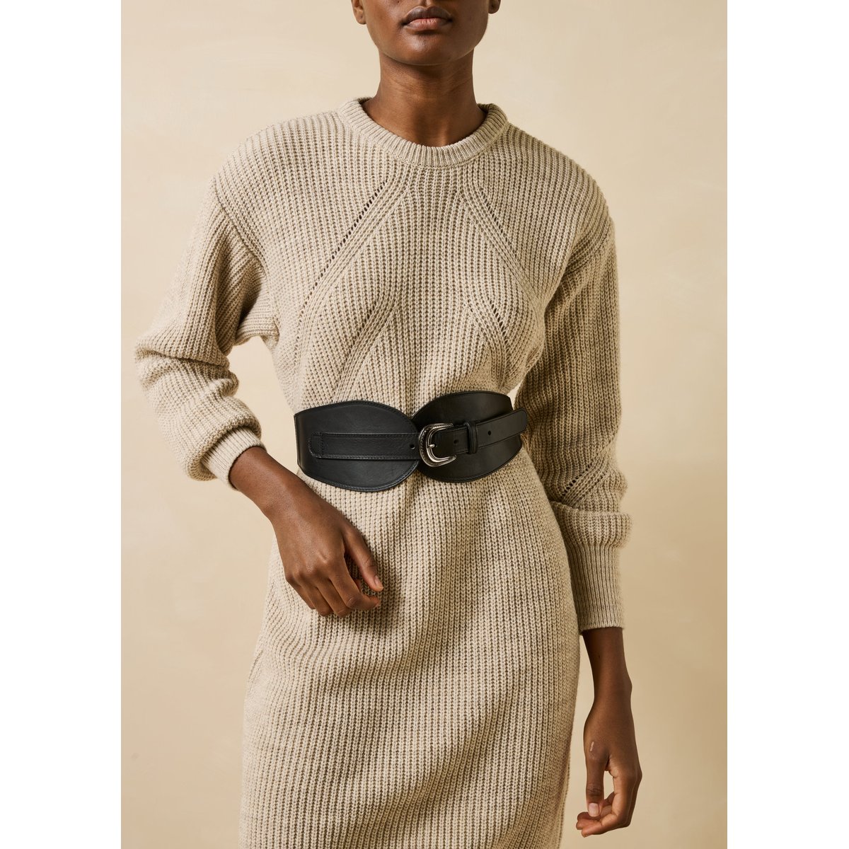 Ceinture large élastiquée en cuir noir, LA FEE MARABOUTEE