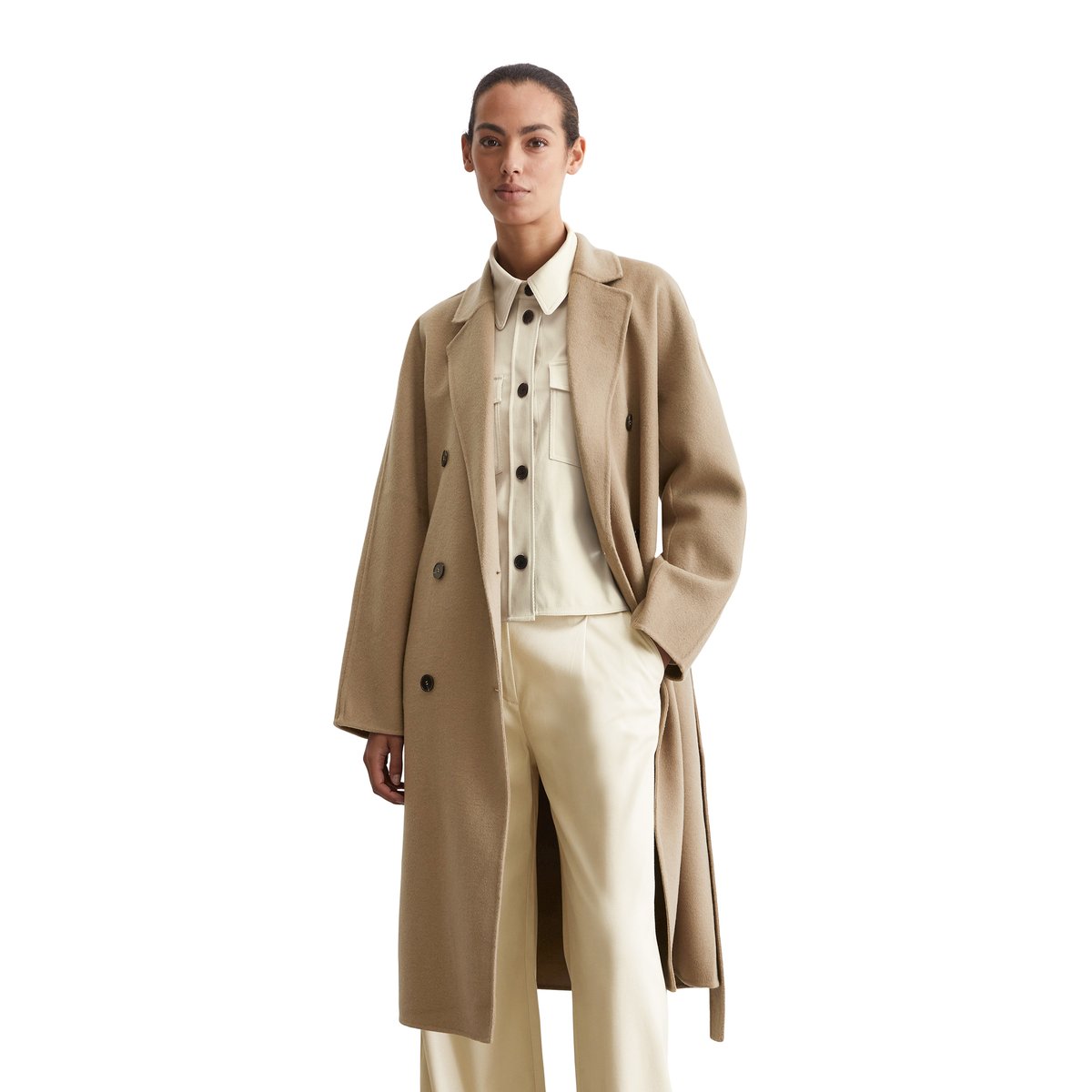Manteau double boutonnage relaxed en mélange de laine double face beige, MARC O'POLO