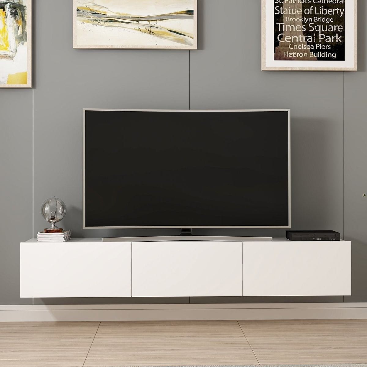 Meuble TV suspendu 3 portes - VERIA blanc, HOMIFAB